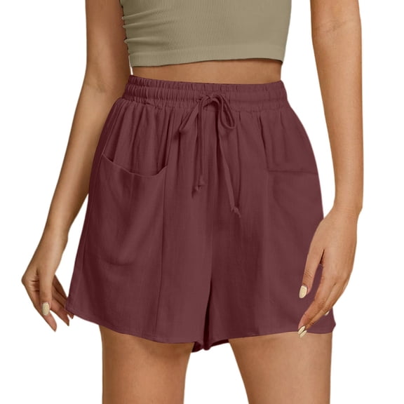 WAYUTE Women Shorts Summer Solid Color Linen High Waist Drawstring Shorts Stylish Loose Fit Beach Shorts with Pockets for Casual and Vacation Wear