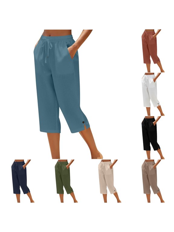 Women Side Split Cropped Pants Solid Color Fashion Trousers for Fall Breathable Comfort Summer Beach Capris Pants Casual Outdoor,Blue,M