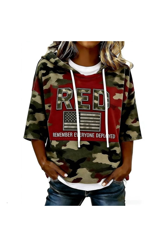 Women T-Shirts Us National Flag & Camouflage Pattern 3/4 Sleeve Hooded With Drawstring Loose Fit For 4Th Of July Holiday Patriotic Tee,Army Green,L