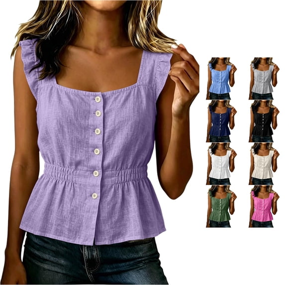 WAYUTE Women Tank Tops Elegant Square Neck Ruffle Strap Button Front Solid Color Sleeveless Tank Top Soft Versatile Vacation Outfits Casual Summer,Light Purple,2XL