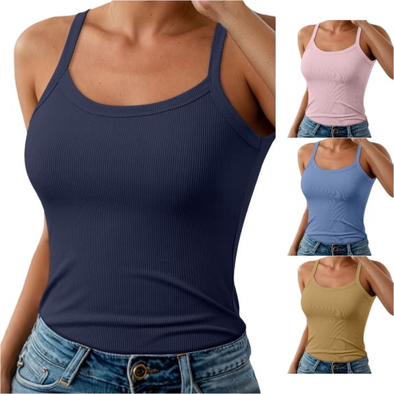WAYUTE Women Tank Tops Spaghetti Straps Ribbed Camisole Basic Solid Stretch Fit Undershirt Spring Summer Comfortable Layering Top Casual Daily Wear,Navy,XL