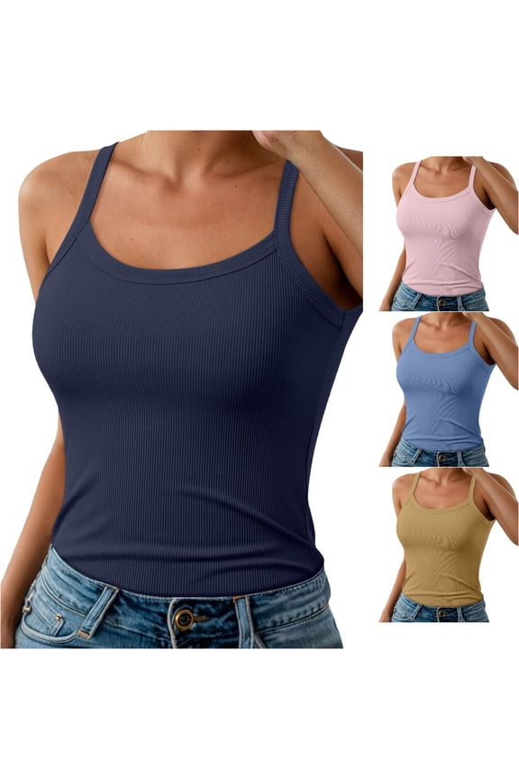 Women Tank Tops Spaghetti Straps Ribbed Camisole Basic Solid Stretch Fit Undershirt Spring Summer Comfortable Layering Top Casual Outdoor,Navy,S