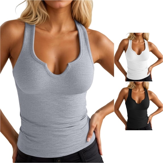 WAYUTE Women Tank Tops Split V Neck Knit Ribbed Wide Strap Slim Fit Solid Color Camisole Basic Shirt Breathable Layering Top Fashion Casual Daily Wear,Grey,2XL