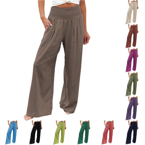 WAYUTE Women's Casual Pants High Waisted Flowy Wide Leg Solid Stretch Loose Fashion Baggy Trousers with Pockets Fall Vacation Outdoor,Khaki,2XL