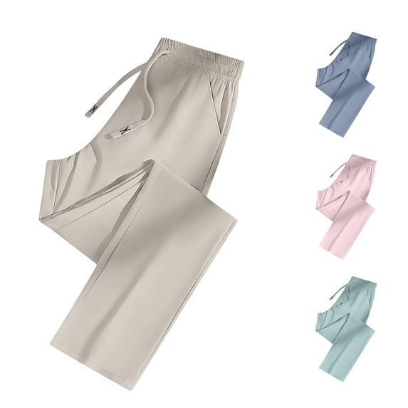 WAYUTE Women's Ice Silk Straight Leg Sweatpants Drawstring High Waist Lightweight Cooling Loose Long Walking Trousers with Pockets Casual Daily Wear,Khaki,S