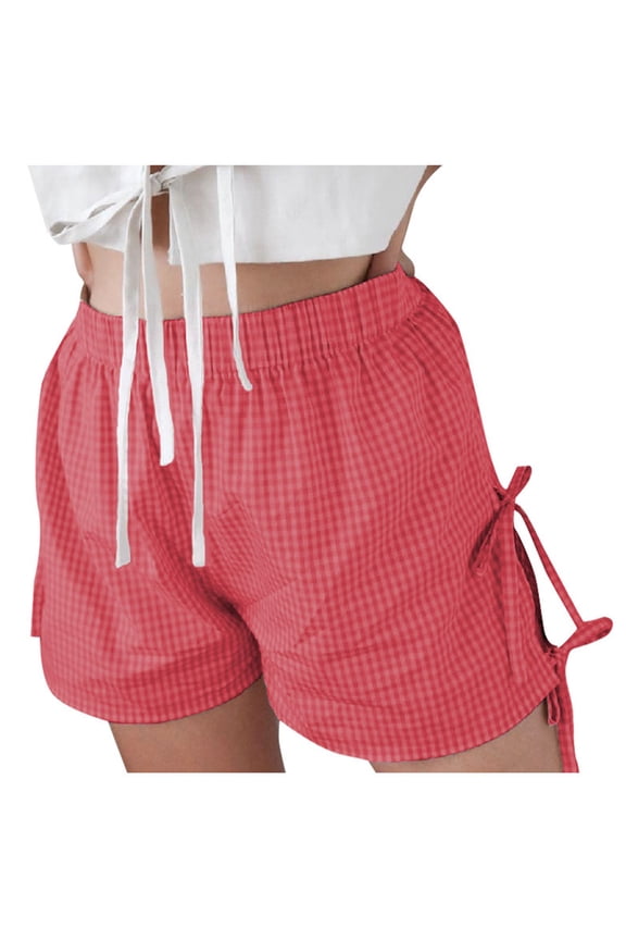 Women's Shorts Retro Checkered Adjustable Side Straps Solid Color Shorts Trendy Streetwear Casual Loose Fit Summer Dailywear