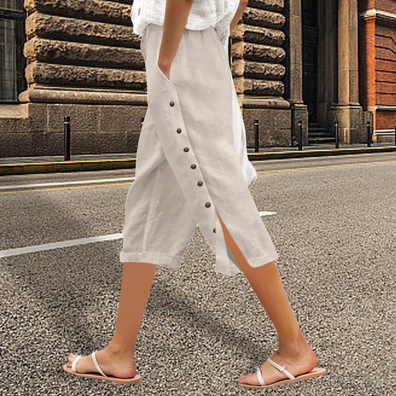 Summer Olouring In WAYUTE Women's Solid Color Elastic Waist Loose Fit Side Button ...