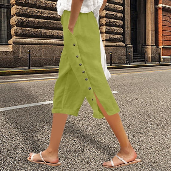 Summer Olouring In WAYUTE Women's Solid Color Elastic Waist Loose Fit Side Button ...