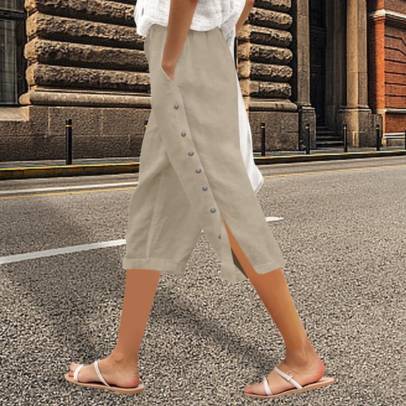 Summer Olouring In WAYUTE Women's Solid Color Elastic Waist Loose Fit Side Button ...