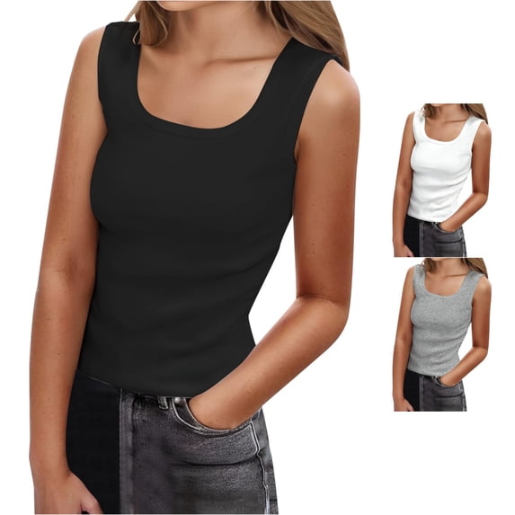 WAYUTE Women's Tank Tops Ribbed U Neck Wide Strap Camisole Tops Stretch Slim Sleeveless Basic Layering Shirts for Summer Office Going Out Casual Daily Wear,Black,XL
