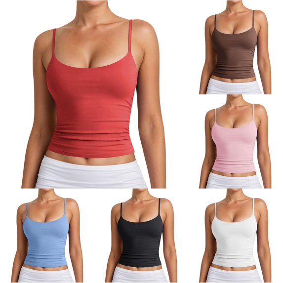 WAYUTE Women's Tank Tops Spaghetti Straps Basic Cropped Tank Ruched Slim Stretch Sleeveless Solid Color Layering Tops Versatile Casual Daily Wear,Red2,S