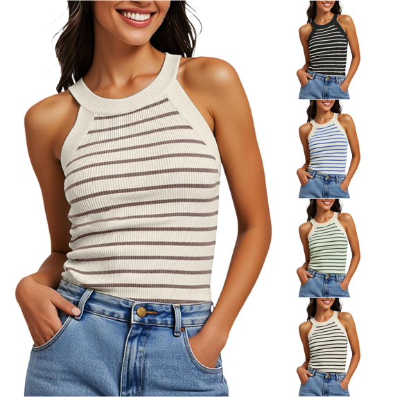 WAYUTE Women's Tank Tops Striped Ribbed Halter Tank Top Sleeveless Stretch Slim Fit Summer Beach Layering Camisole Shirt Versatile Casual Daily Wear,Beige,M