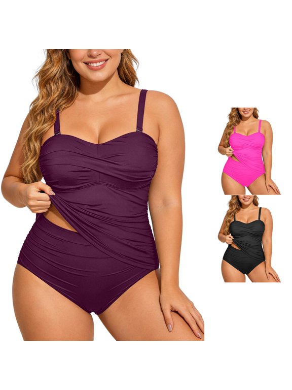 Women's Tankini Swimsuits Plus Size Sweetheart Neck Ruched Flowy Tank Top and Swim Bottoms Solid Color Two Piece Bathing Suit Casual Summer Beach,Dark Purple,XL