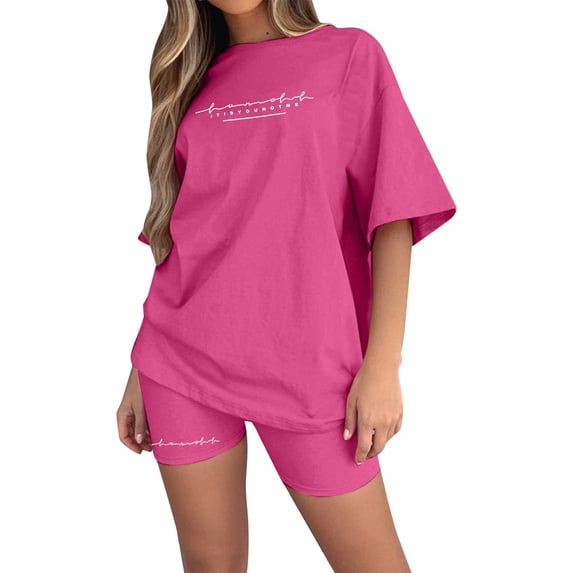 WAYUTE Womens 2 Piece Outfits Letter Printed Loose Fit Casual Shorts Set Short Sleeved Top Drawstring Pants for Sports Workout