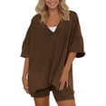 thumbnail image 1 of WAYUTE Womens 2 Piece Outfits V Neck Casual Short Sleeve Shorts High Waisted Workout Athletic Wear Solid Color Slim Fit Outfit, 1 of 5