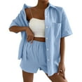thumbnail image 1 of WAYUTE Womens 2 Piece Outfits V Neck Solid Color Shorts and Shirt Top Shirt Slim Suits Travel Vacation Fashion Casual Summer Outfit, 1 of 7