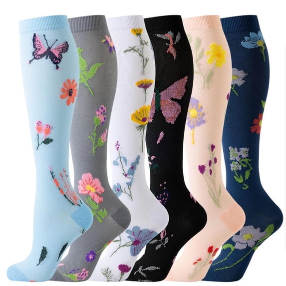 WAYUTE Womens Compression Socks 6 Pairs Floral Printed Wicking Knit Soft Knee High Socks for Sports Fall Winter Daily Wear