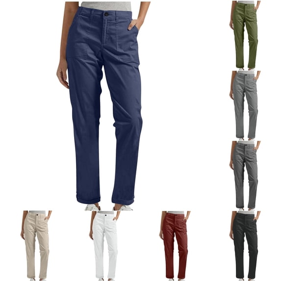 WAYUTE Womens High Waist Straight Leg Cargo Pants Button Zip Front Patch Pockets Ankle Length Casual Chino Trousers Outdoor,Dark Blue,XL
