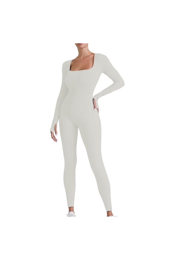Womens Leggings Tummy Control Long Sleeve Yoga Jumpsuits Ribbed Bodysuits Pants Stretchy Fit Running L