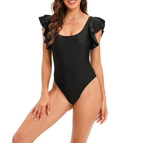 WAYUTE Womens One Piece Swimsuits Solid Color Ruffles Slim Fit Tummy Control Bikini Bathing Suits Summer Beach Fahsion Swimwear