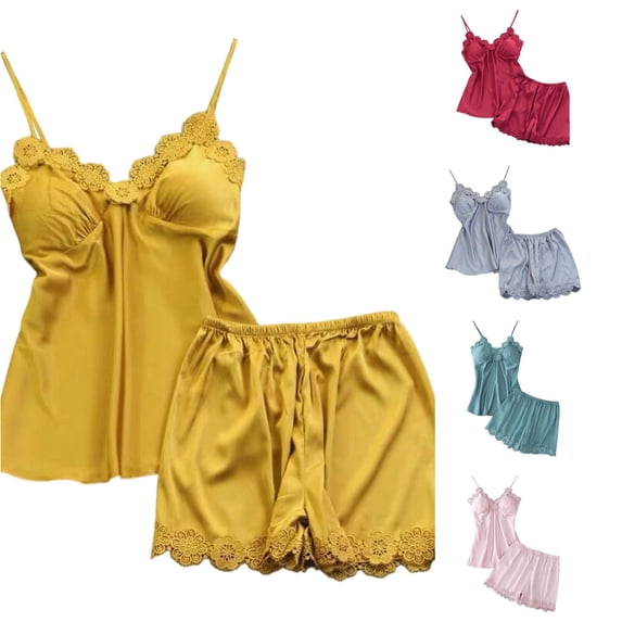 WAYUTE Womens Pajama Sets Satin Strappy Lace Cami Tops and Shorts Pajamas for Women Solid Color Pjs Set Loungewear Casual,2XL