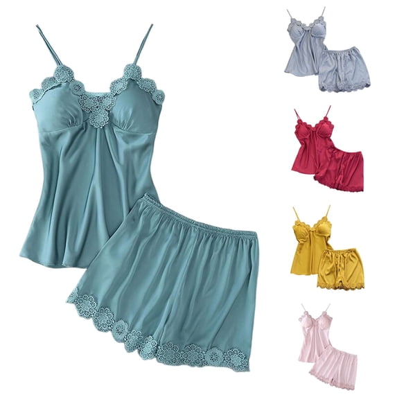 WAYUTE Womens Pajama Sets Satin Strappy Lace Cami Tops and Shorts Pajamas for Women Solid Color Pjs Set Loungewear Indoor,2XL