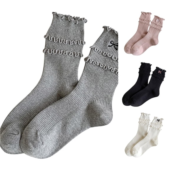 WAYUTE Womens Ruffle Bow Crew Socks Soft Stretchy Breathable Frill Scalloped Ballet Style Knit Casual Cotton Socks