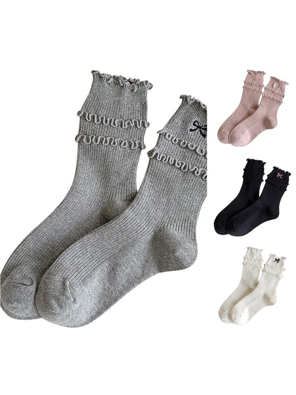 Womens Ruffle Bow Crew Socks Soft Stretchy Breathable Frill Scalloped Ballet Style Knit Casual Cotton Socks
