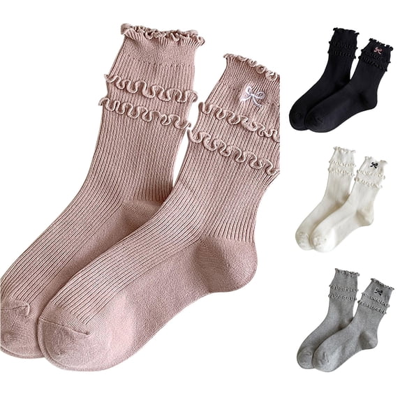 WAYUTE Womens Ruffle Bow Crew Socks Soft Stretchy Breathable Frill Scalloped Ballet Style Knit Casual Cotton Socks