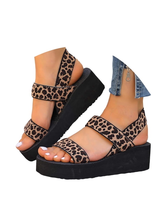 WAYUTE Womens Sandals Thick Sole Leopard Print Platform Open Toe Elastic Strap Walking Shoes Comfort Footwear Casual Summer