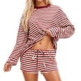 thumbnail image 1 of WAYUTE Womens Sets 2 Piece Outfits Casual Long Sleeve Striped Shorts Sets with Drawstring for Srping Fall Comfortable Soft Outfit, 1 of 7