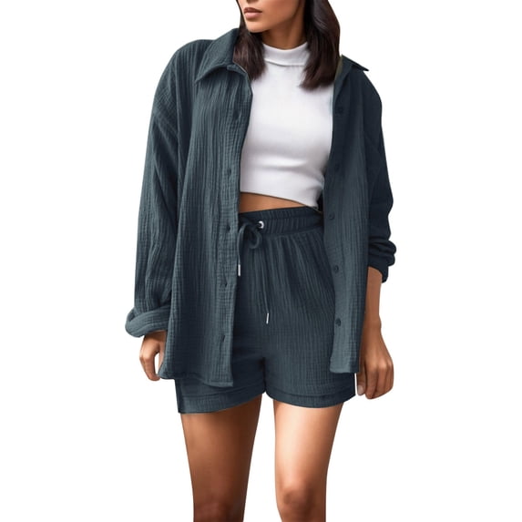 WAYUTE Womens Sets 2 Piece Outfits Long Sleeve Lapel Button Down Basic Shirt Top and Shorts Solid Color Formal Outdoor Casual Wear