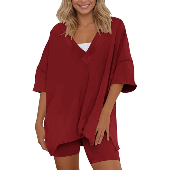 WAYUTE Womens Sets 2 Piece Outfits V Neck Casual Short Sleeve Shorts High Waisted Workout Athletic Wear Solid Color Slim Fit Outfit
