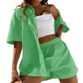 thumbnail image 1 of WAYUTE Womens Sets 2 Piece Outfits Vacation Trendy Casual Solid Color Shorts and Short Sleeve Lapel Shirt Top Slim Suits Summer Outfits, 1 of 7