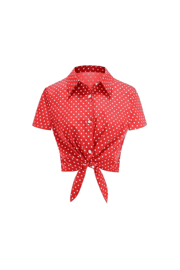 Womens Shirts Button Front Short Sleeve Polka Dot Print Blouse with Tailored Fit for Business Cropped Top Lightweight Fashion Clothing