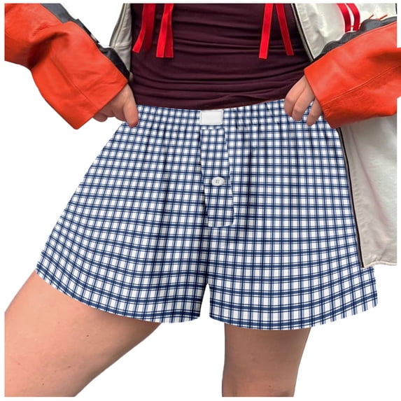 WAYUTE Womens Shorts Cute Plaid Print Button Front Straight Leg Home Bottoms Shorts Holiday Casual Versatile Summer Dailywear