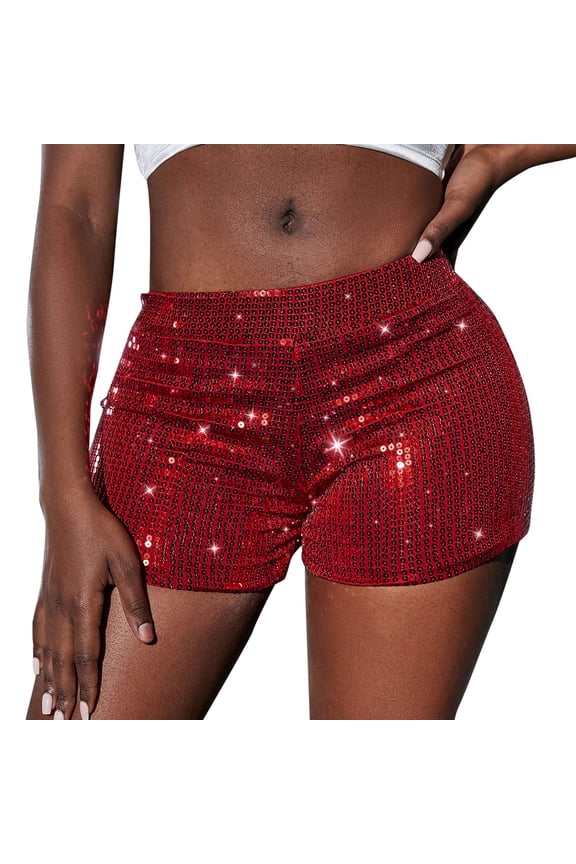 Womens Shorts High Waist Solid Color Hot Pants Stretch Sequins Stage Performance Party Night Out Casual Versatile Summer Outdoor