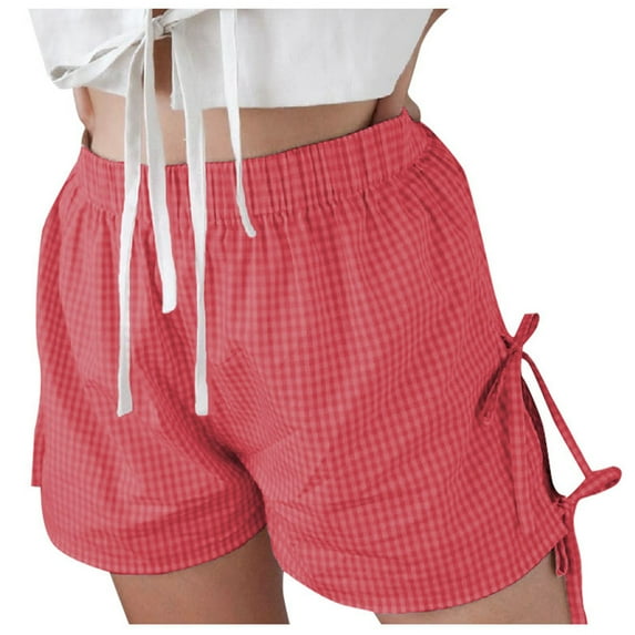 WAYUTE Womens Shorts Retro Checkered Adjustable Side Straps Solid Color Shorts Trendy Streetwear Casual Soft Comfort Summer Dailywear