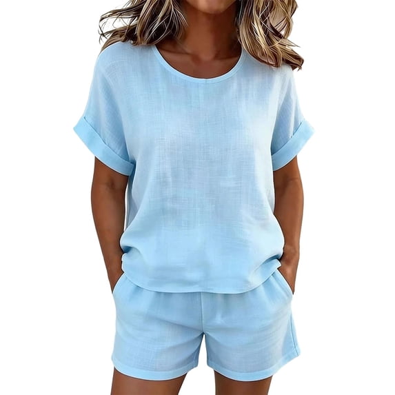 WAYUTE Womens Shorts Set Casual 2 Piece Outfit Short Sleeve Round Neck Top and Shorts Solid Color Breathable Soft Blend Summer Clothing Sets
