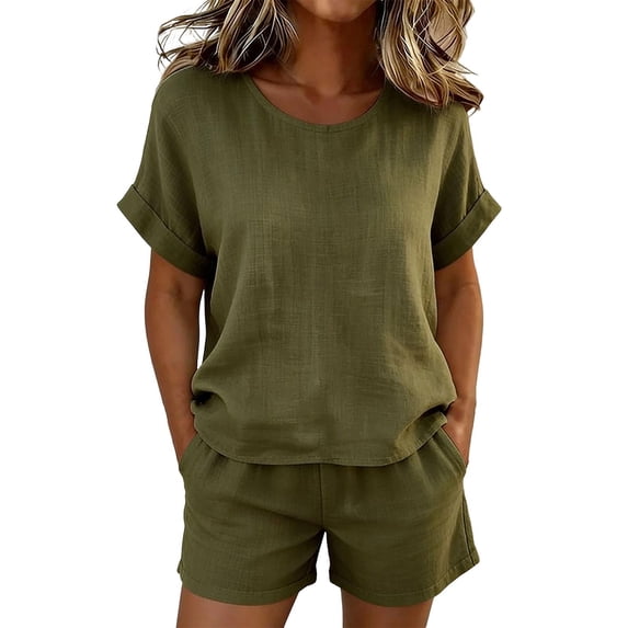 WAYUTE Womens Shorts Set Casual 2 Piece Outfit Short Sleeve Round Neck Top and Shorts Solid Color Breathable Soft Blend Summer Outfit Sets