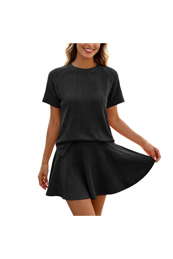 Womens Shorts Set Seamless Knit Short Sleeve Solid Color Top with Pleated Skirt Casual Summer 2 Piece Matching Outfit Outfit Sets
