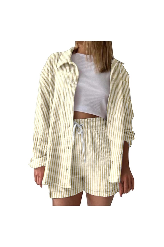 Womens Shorts Set Summer Striped Print Button Front Shirts and Drawstring High Waist Shorts Casual Holiday Outdoor Outfit Sets