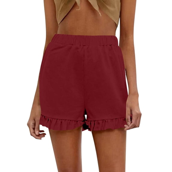 WAYUTE Womens Shorts Solid Color High Waisted Ruffles Trim Cotton Straight Leg Shorts Work School Casual Loose Fit Summer Dailywear