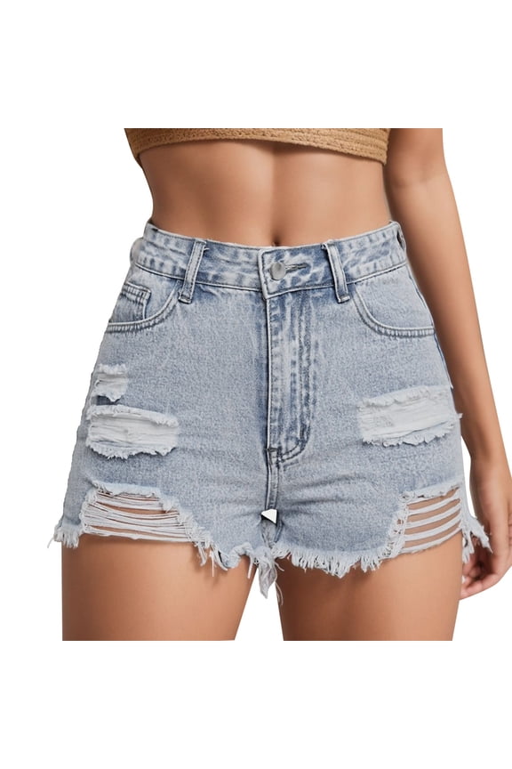 Womens Shorts Trendy Ripped Jeans Elastic Waist Front Zip Streetwear Denim Shorts Casual Versatile Summer Dailywear