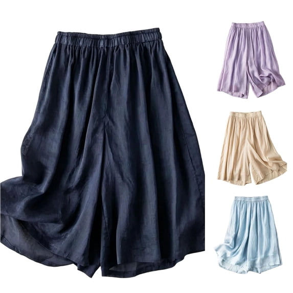 WAYUTE Womens Shorts Wide Leg High Waist Summer Casual Flowy Cropped Pants Soft Lightweight Solid Color Beach Loose Capri Shorts,Navy,4XL