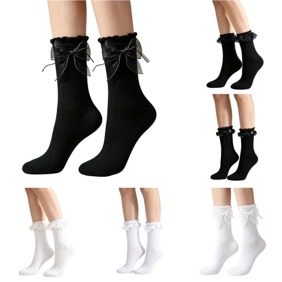 WAYUTE Womens Socks Ruffle Lace Floral Jacquard Soft Breathable Vintage Fashion Mid Calf Socks for Dress Daily Casual Outfits