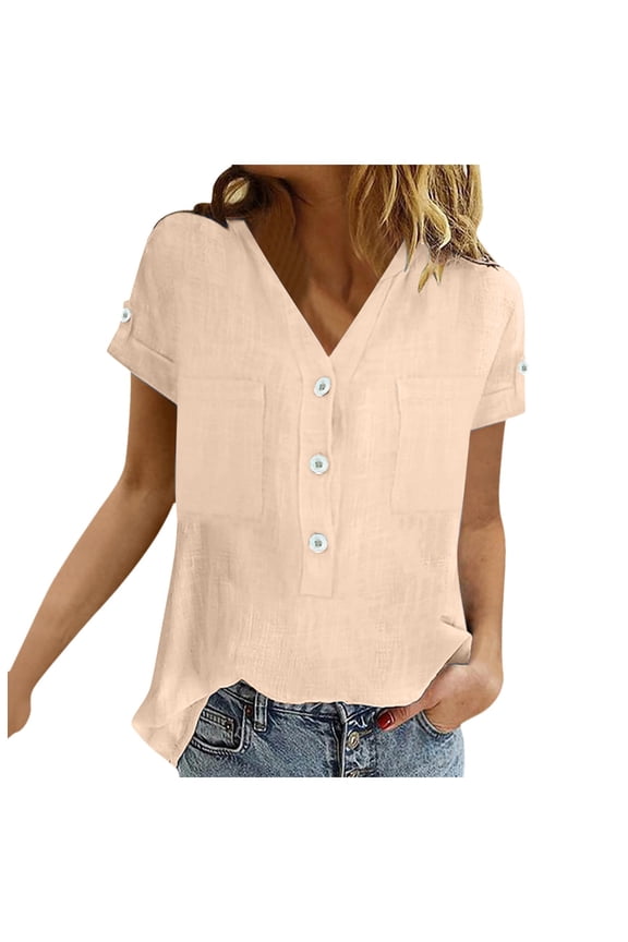 Womens Summer Top Loose Fit Pleated V Neck Short Sleeve Curved Hem Flowy Shirts Blouse Beach Outdoor Versatile Vacation Clothes