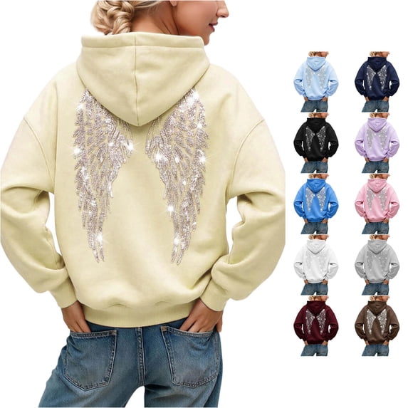 WAYUTE Womens Sweatshirt Oversized Long Sleeve Drop Shoulder Hooded Sweatshirt with Sparkly Rhinestone Wings Print Pullover Fashion Outfits Casual Outdoor,Khaki,M