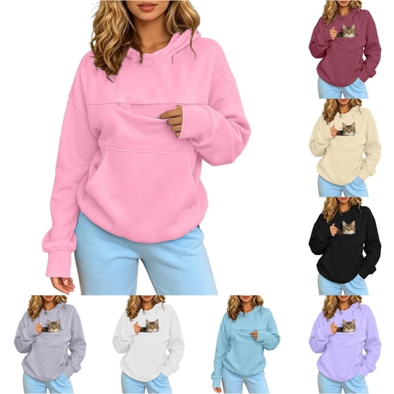 WAYUTE Womens Sweatshirt Pet Carrier Long Sleeve Hoodie Sweatshirt Zipper Pocket Drawstring Drop Shoulder Oversized Fall Fashion Clothes Tops Casual Outdoor,Pink,M