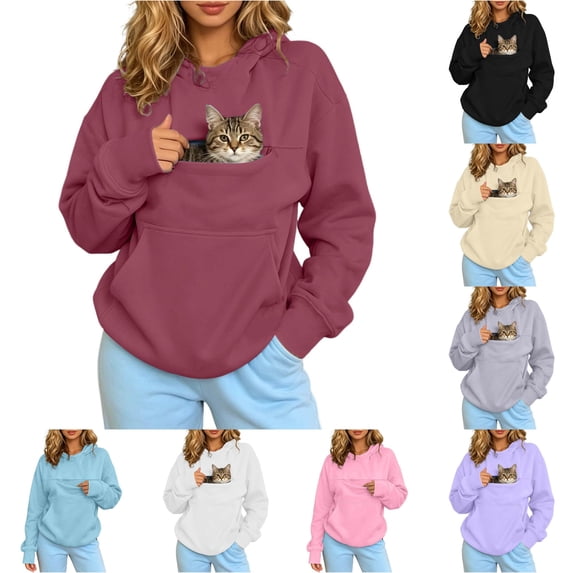 WAYUTE Womens Sweatshirt Pet Carrier Long Sleeve Hoodie Sweatshirt Zipper Pocket Drawstring Drop Shoulder Oversized Fall Fashion Clothes Tops Casual Outdoor,Brick Red,XL